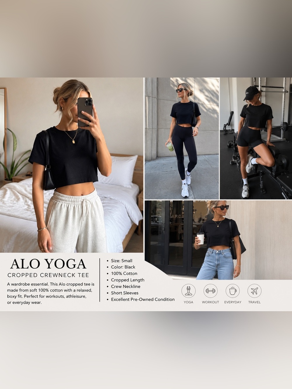 Alo Yoga Black Cropped Crewneck Tee Short Sleeve Cotton T-Shirt Size Small